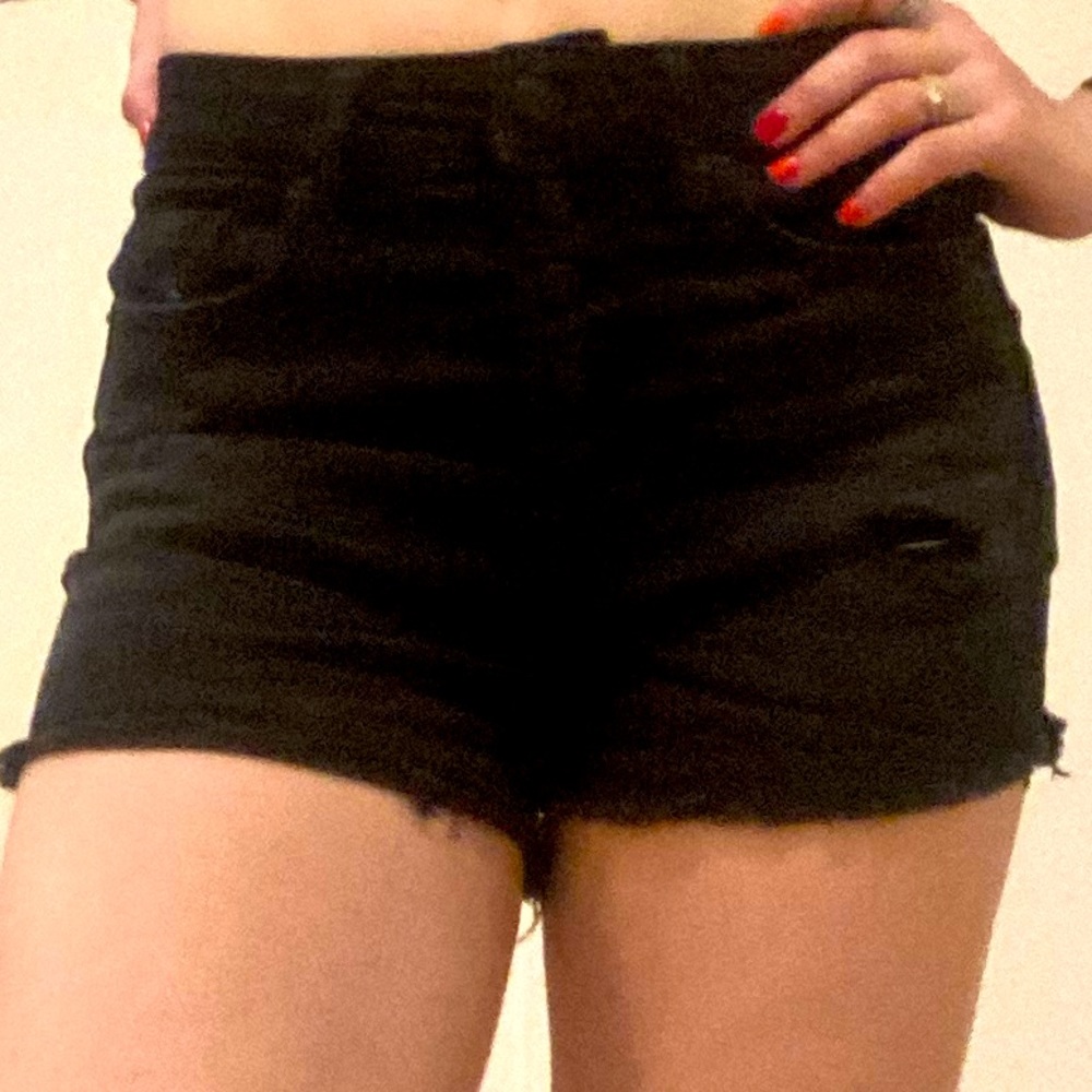 black mid rise button fly cut off shorts